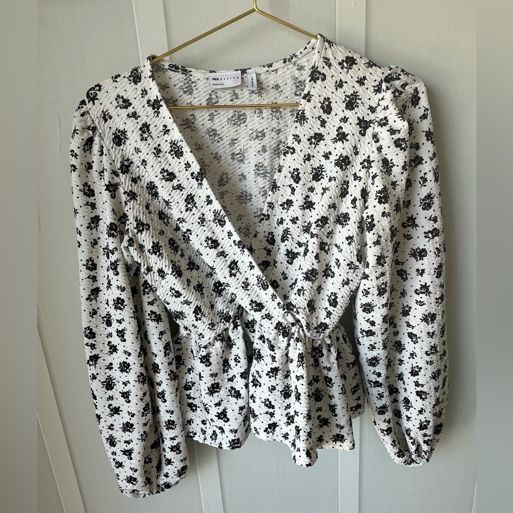 Asos Floral Wrap Top Black And White Size 6
